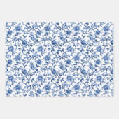 青い水彩花柄のトワル・シノワ様式のヴィンテージ ラッピングペーパーシート (正面)