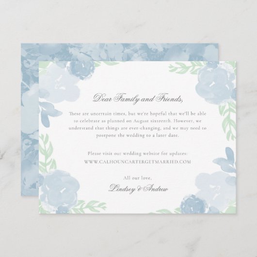 青い水彩花模様結婚の延期カード エンクロージャーカード (正面/裏面)