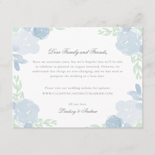 青い水彩花模様結婚の延期カード エンクロージャーカード (正面)