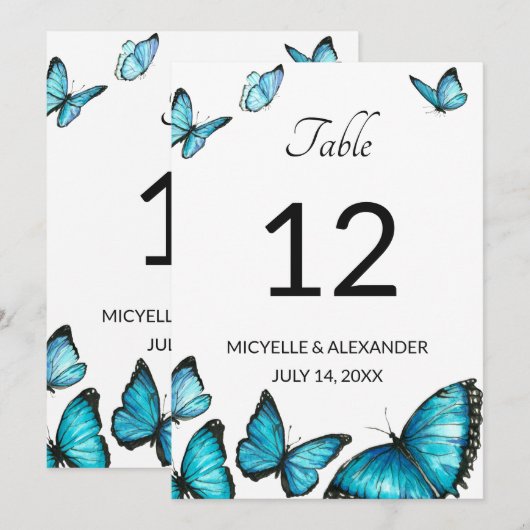 青い水彩蝶のウェディングテーブルナンバー 招待状 (正面/裏面)