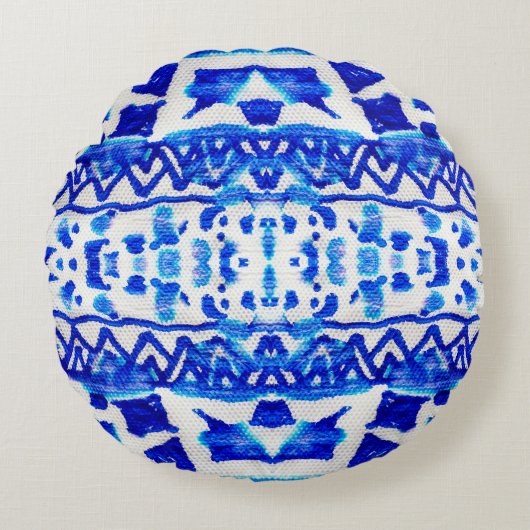 青い水彩部族的な民族的シームレスなパターン ラウンドクッション (正面)