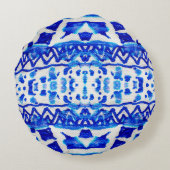 青い水彩部族的な民族的シームレスなパターン ラウンドクッション (裏面)