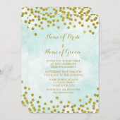 青い水彩 ゴールドのコンフェッティ婚約パーティー 招待状 (正面/裏面)