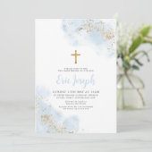 青い水彩 ゴールドクロス 男の子 洗礼 祝福 招待状 (スタンド正面)