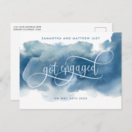 青い水彩、婚約しました、エンゲージメント 案内ポストカード (正面/裏面)