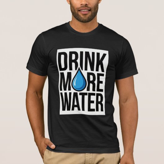 青い水滴のアイコンで「もっと水を飲もう」 Tシャツ (正面)