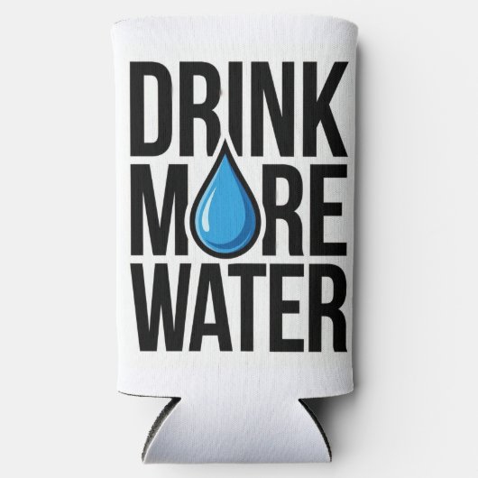 青い水滴のアイコンでDRINK MORE WATER スリム缶クーラー (正面)