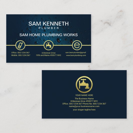 青い水滴特殊金ゴールド配管ボタン 名刺 (正面/裏面)