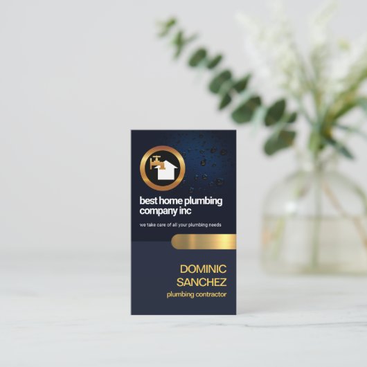 青い水滴画層金ゴールドタブ給排水衛生設備請負業者 名刺 (スタンド正面)