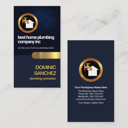青い水滴画層金ゴールドタブ給排水衛生設備請負業者 名刺 (正面/裏面)