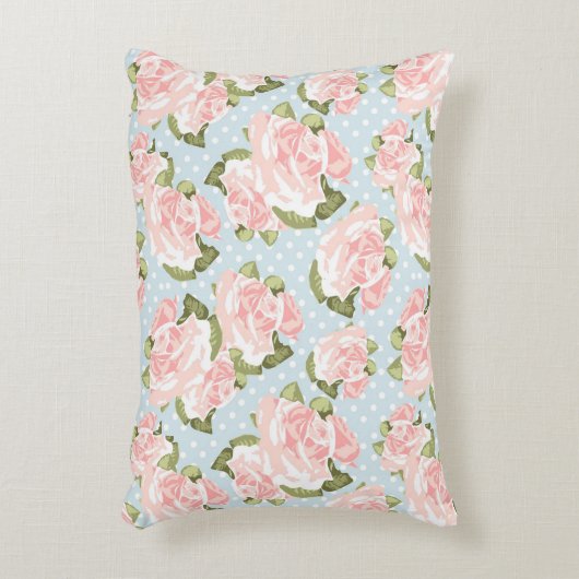 青い水玉模様が付いている美しいばら色パターン アクセントクッション (正面(垂直))