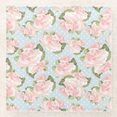 青い水玉模様が付いている美しいばら色パターン ガラスコースター (正面)