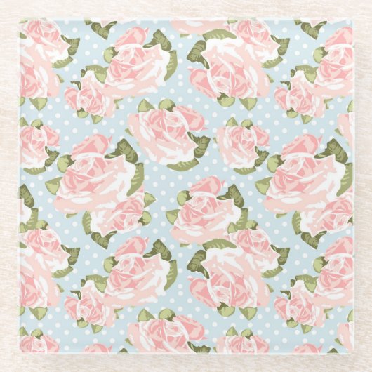 青い水玉模様が付いている美しいばら色パターン ガラスコースター (正面)