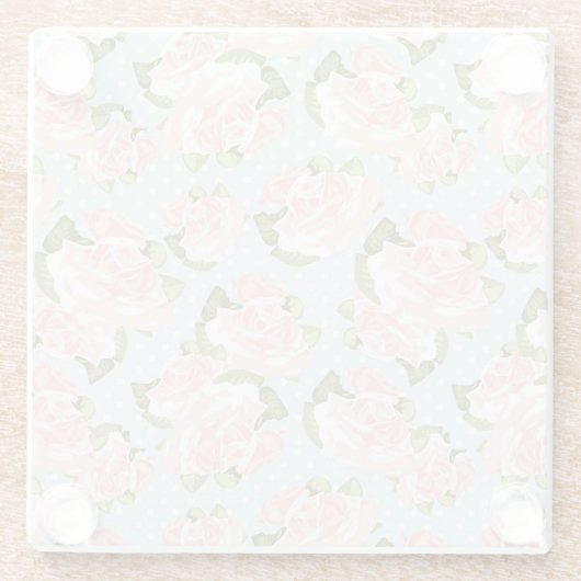 青い水玉模様が付いている美しいばら色パターン ガラスコースター (裏面)