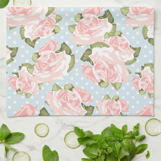 青い水玉模様が付いている美しいばら色パターン キッチンタオル (折り畳み)