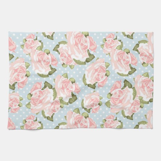 青い水玉模様が付いている美しいばら色パターン キッチンタオル (横)