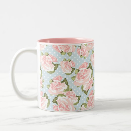 青い水玉模様が付いている美しいばら色パターン ツートーンマグカップ (左)