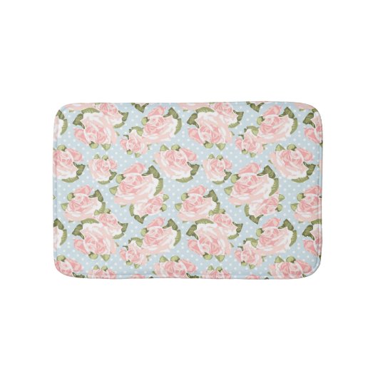 青い水玉模様が付いている美しいばら色パターン バスマット (正面)