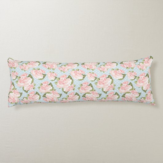 青い水玉模様が付いている美しいばら色パターン ボディピロー (裏面)