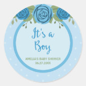 青い水玉模様とバラ男の子の赤ちゃんシャワー ラウンドシール (正面)