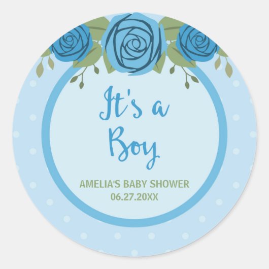 青い水玉模様とバラ男の子の赤ちゃんシャワー ラウンドシール (正面)