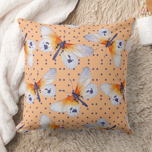 青い水玉模様と蝶 クッション (ブランケット)