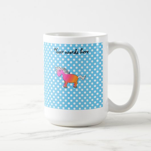 青い水玉模様にピンクとオレンジのユニコーン コーヒーマグカップ (右)