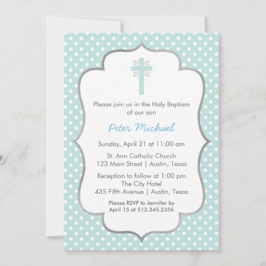 青い水玉模様のバプテスマ（十字と銀の枠） 招待状 (正面)