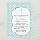 青い水玉模様のバプテスマ（十字と銀の枠） 招待状 (正面/裏面)