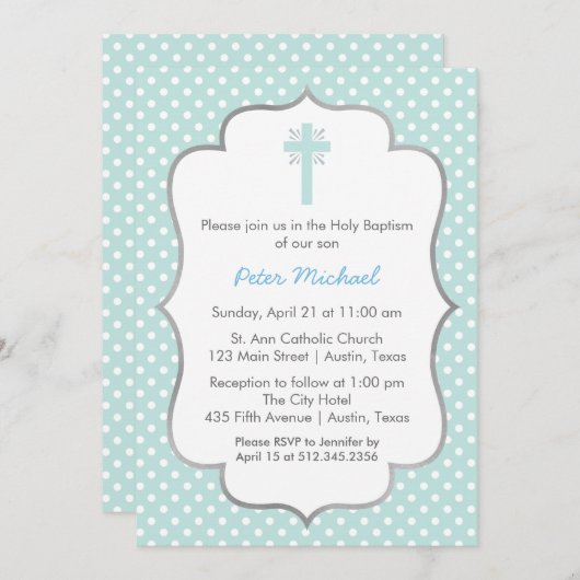 青い水玉模様のバプテスマ(十字と銀の枠) 招待状 (正面/裏面)
