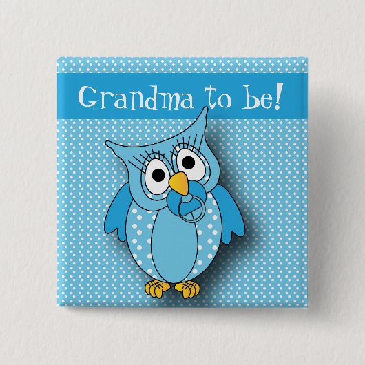 青い水玉模様のフクロウ|のベビーシャワーのテーマ 缶バッジ (正面)