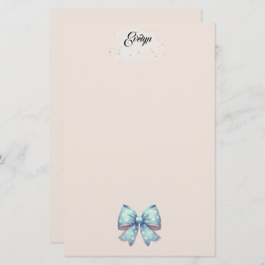 青い水玉模様のリボン便箋 便箋 (正面/裏面)