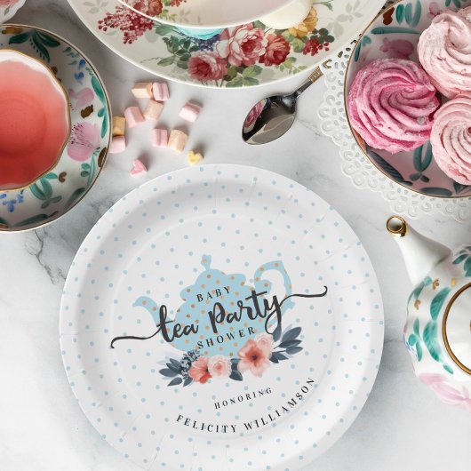 青い水玉模様のヴィンテージの花のティーポットのベビーシャワー ペーパープレート