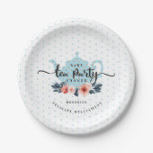 青い水玉模様のヴィンテージの花のティーポットのベビーシャワー ペーパープレート (正面)