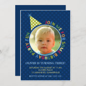 青い水玉模様の楽しい子供の写真誕生日招待状 招待状 (正面/裏面)