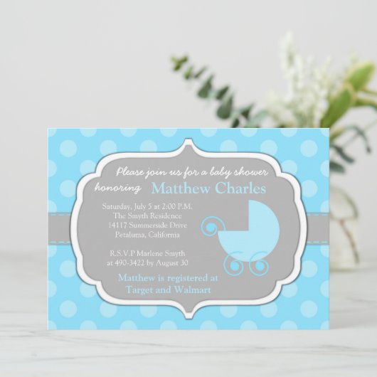 青い水玉模様の男の赤ちゃんのベビーシャワーの招待状 招待状 (スタンド正面)