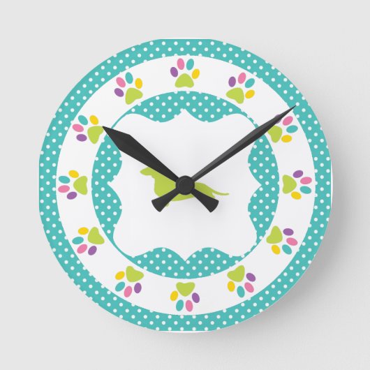 青い水玉模様の虹の足のプリントのダックスフント ラウンド壁時計 (正面)