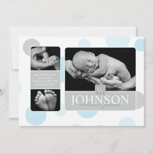 青い水玉模様の誕生の発表の写真カード 案内状 (正面)