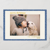 青い水玉模様の雪のシンプルな写真　ゴールド 箔シーズンカード (正面)