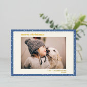 青い水玉模様の雪のシンプルな写真 ゴールド 箔シーズンカード (立ち正面)