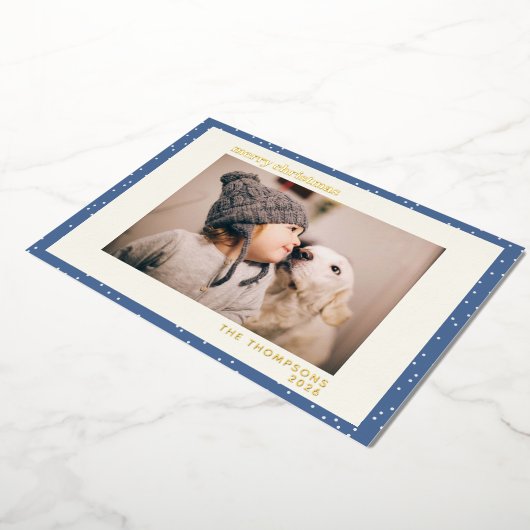 青い水玉模様の雪のシンプルな写真　ゴールド 箔シーズンカード (回転した状態)