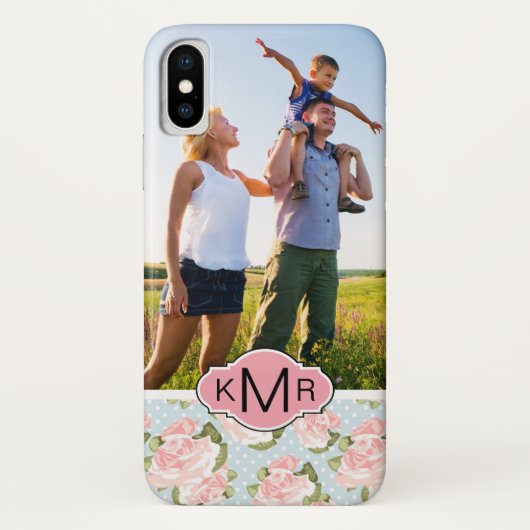 青い水玉模様を持つカスタムな写真及びモノグラムのバラ Case-Mate iPhoneケース (裏面)