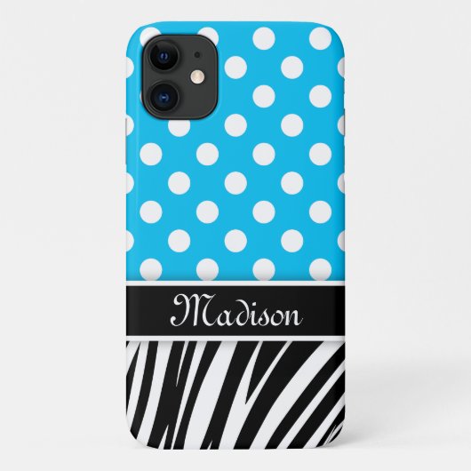 青い水玉模様ゼブラストライプブラックネーム Case-Mate iPhoneケース (裏面)