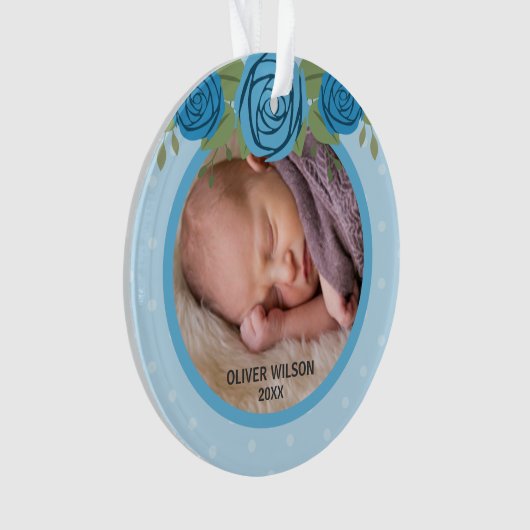 青い水玉模様バラベビーの初めてのクリスマス写真 オーナメント (正面)