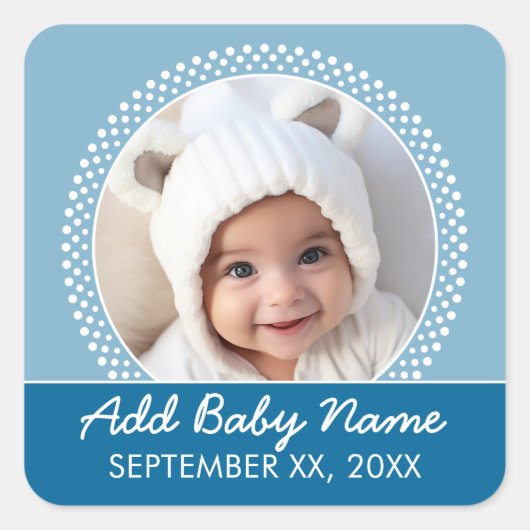 青い水玉模様フォトフレームのお知らせ スクエアシール (正面)