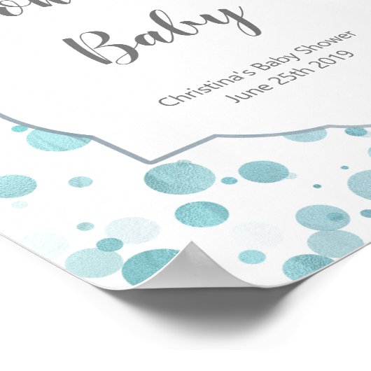 青い水玉模様赤ちゃんシャワーのサイン、ベビー用の本 ポスター (角)