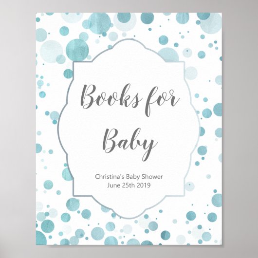 青い水玉模様赤ちゃんシャワーのサイン、ベビー用の本 ポスター (正面)