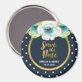 青い水玉模様、フェイク金ゴールドフローラ日付の保存 マグネット (正面/裏面)