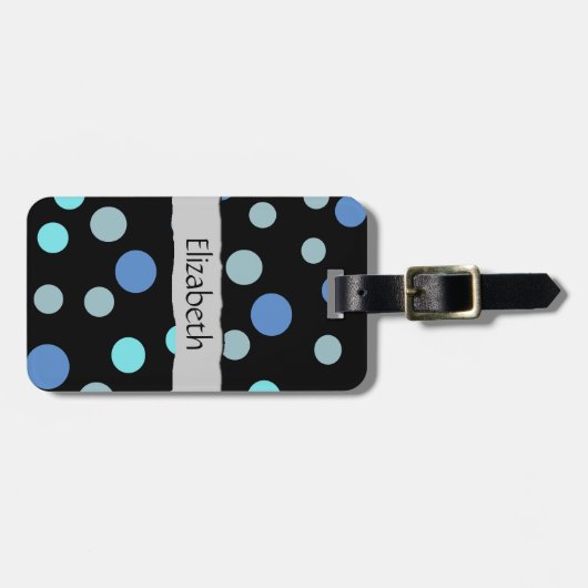 青い水玉模様、水玉模様パターン、名前 ラゲッジタグ (正面横)