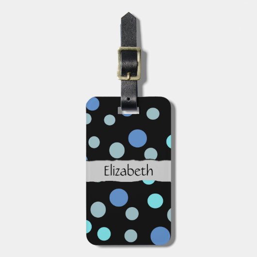 青い水玉模様、水玉模様パターン、名前 ラゲッジタグ (正面縦)